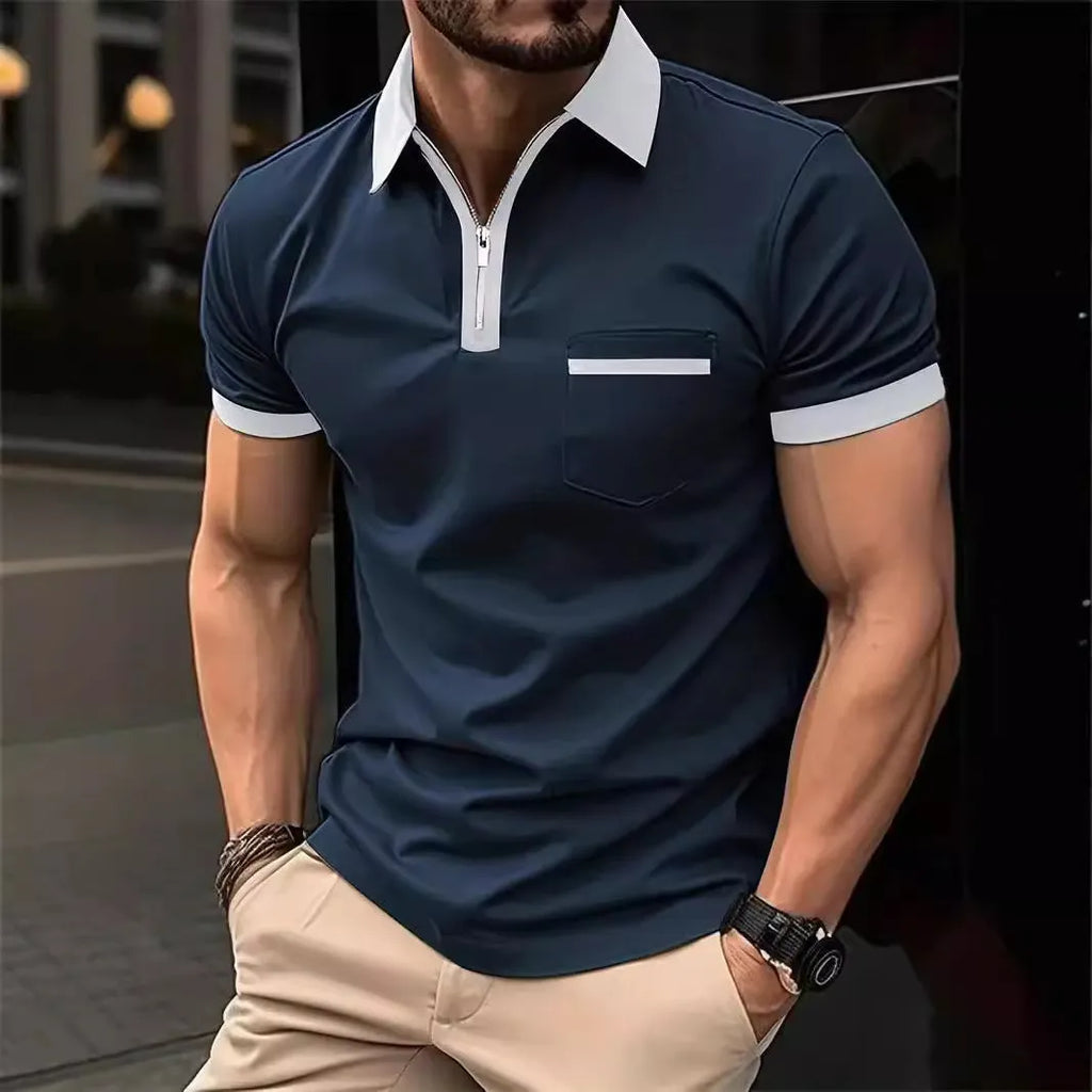 Men's loose fit short sleeve casual shirt with chest pocket and front zip detail in a two-tone colour.