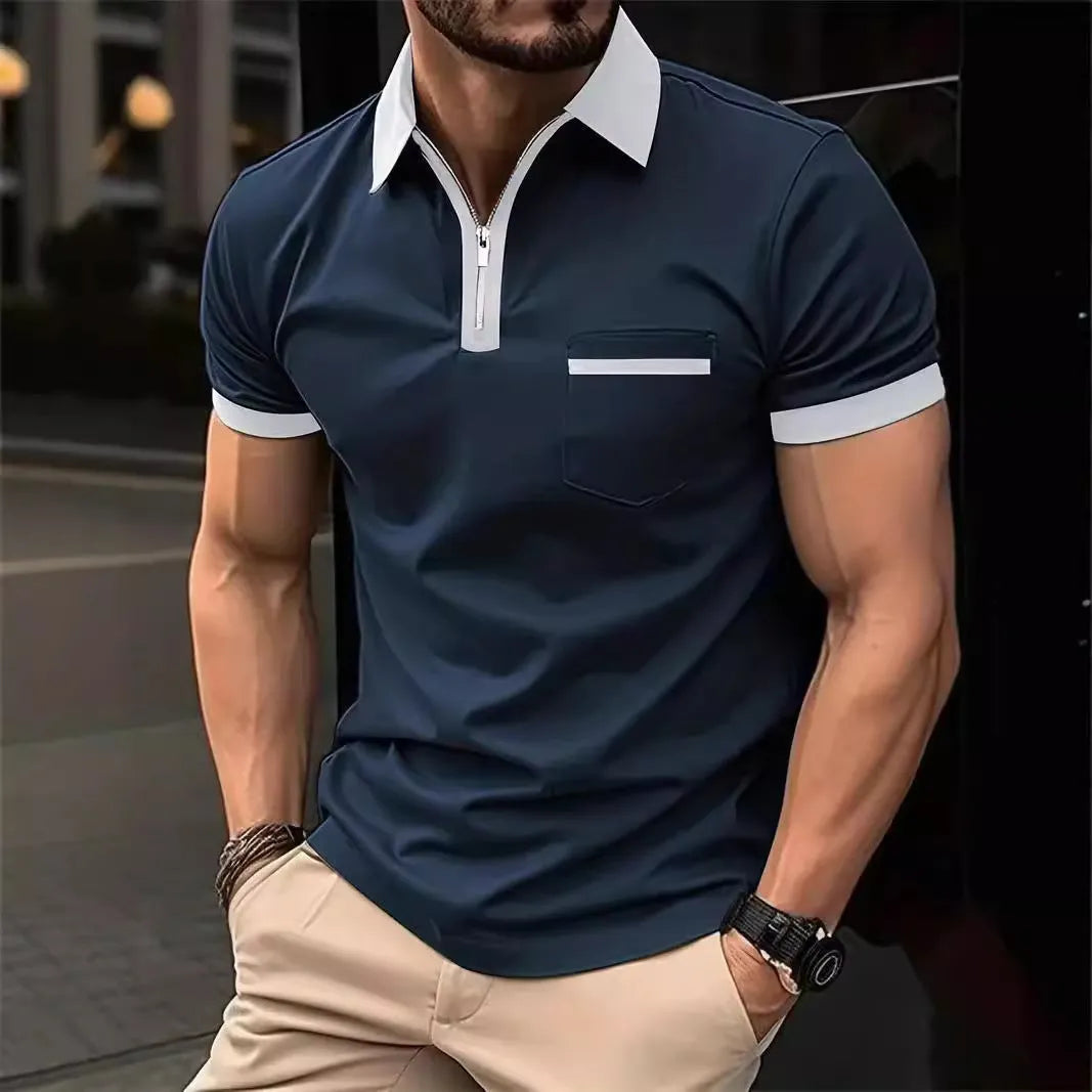 Men's loose fit short sleeve casual shirt with chest pocket and front zip detail in a two-tone colour.