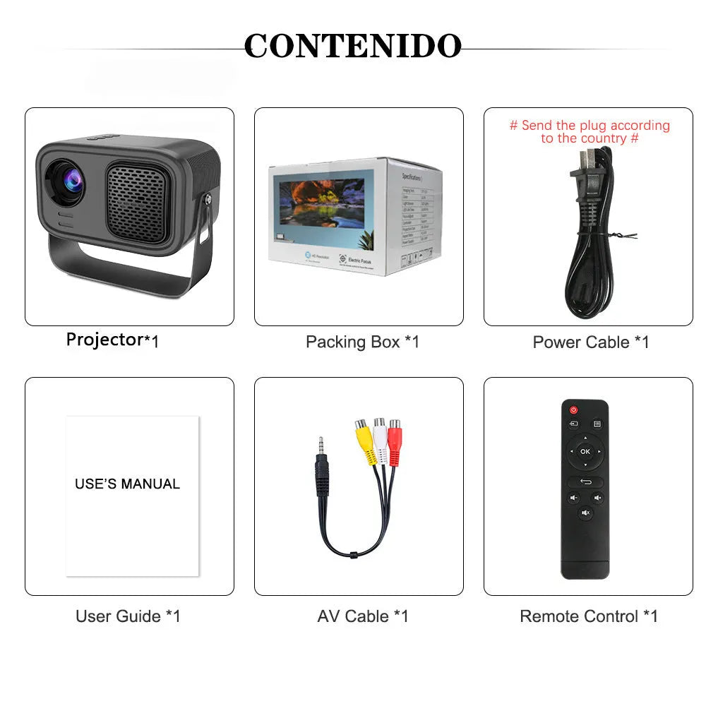 Black smart portable projector with HD 1280×720 resolution and included remote control