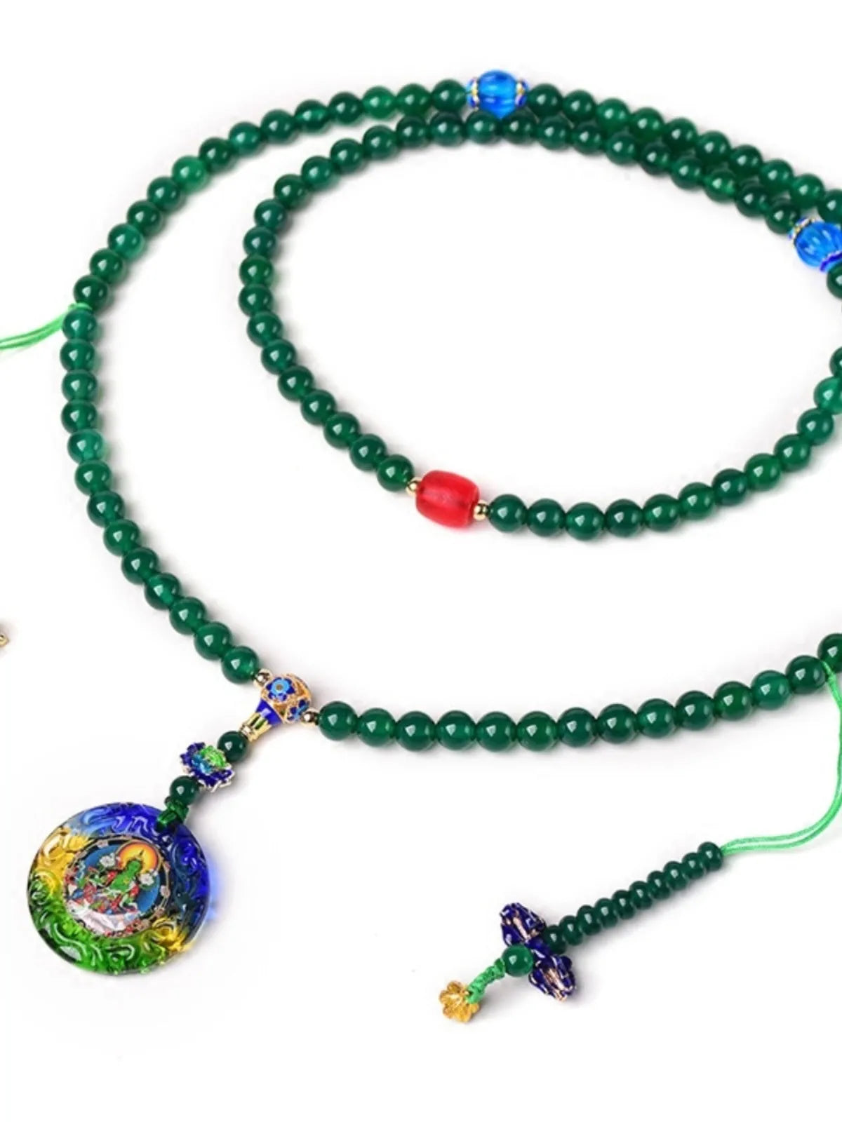 Handmade natural green agate 108-bead bracelet with Thangka pendant on wrist