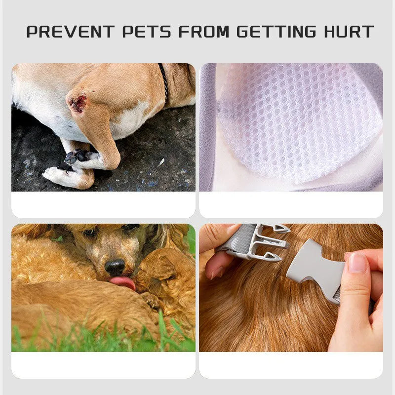 Blue dog knee protector with adjustable straps and matching scarf on a medium-sized dog’s front leg.