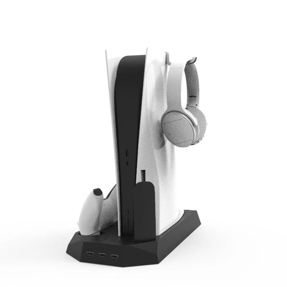 PS5 charging base radiator stand in black with controller dock and vertical console support