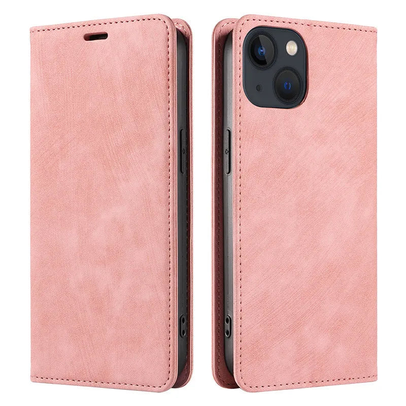Magnetic flip phone case for iPhone in a choice of colours showing leather cover and TPU body.