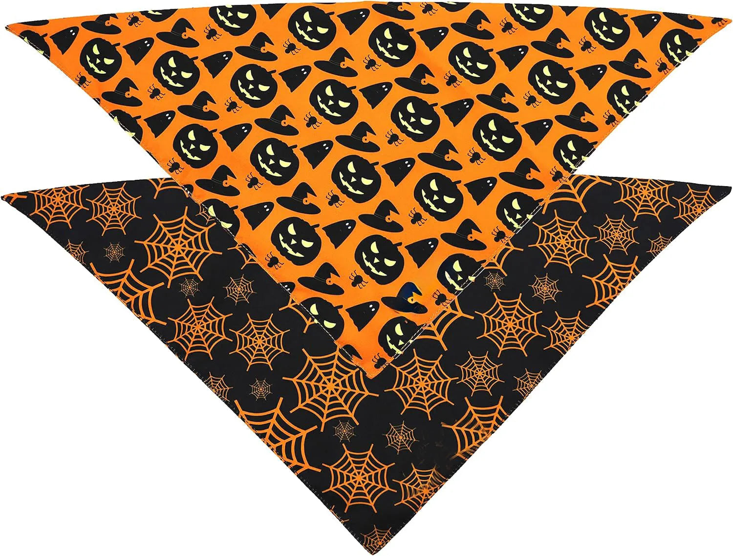 Halloween dog bandana with pumpkin and spider web patterns on reversible black and orange triangle bib