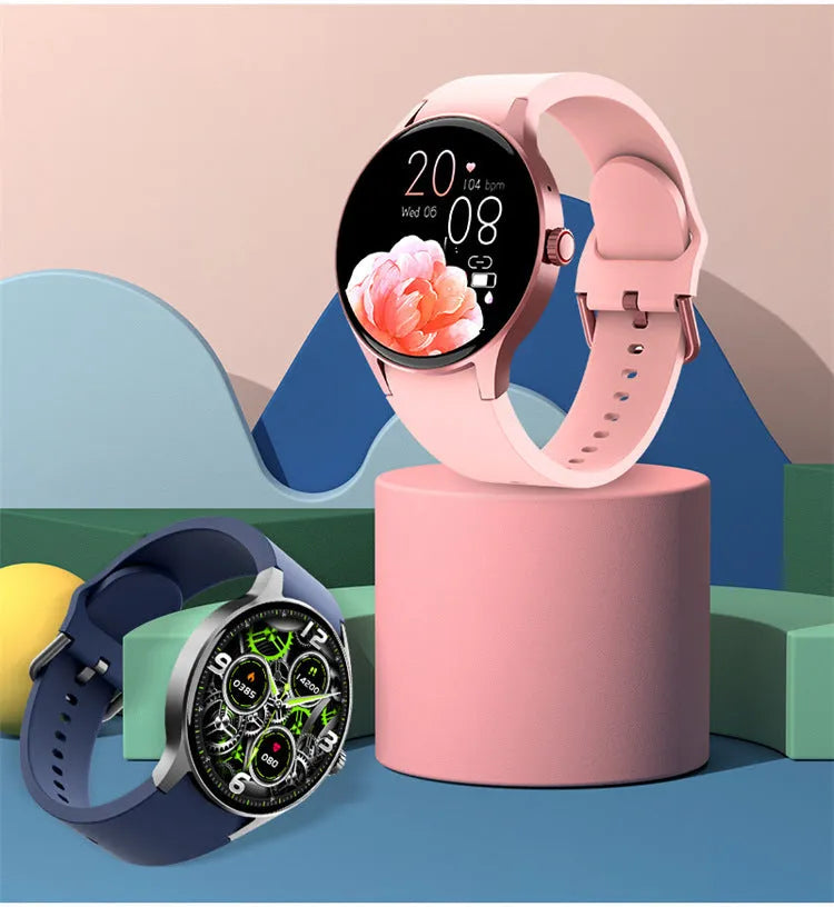 46mm diameter Bluetooth sport watch with circular touchscreen display in black, blue, pink, or red