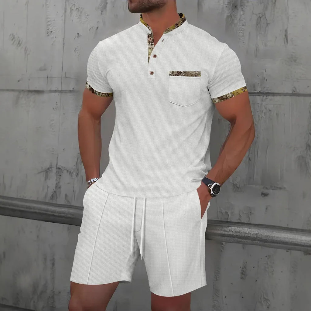 Men's grey waffle texture zip-front polo collar short sleeve top and matching shorts suit set.