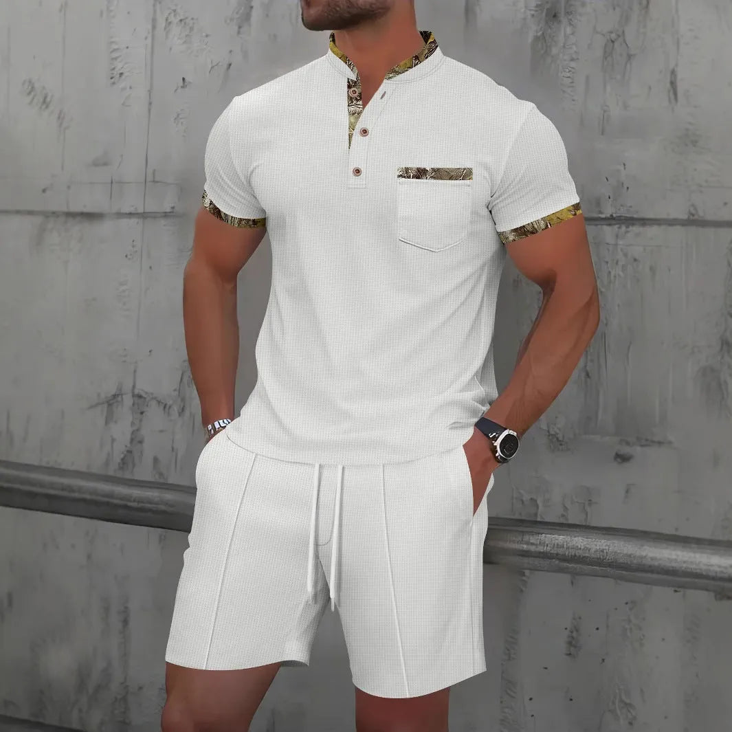 Men's grey waffle texture zip-front polo collar short sleeve top and matching shorts suit set.