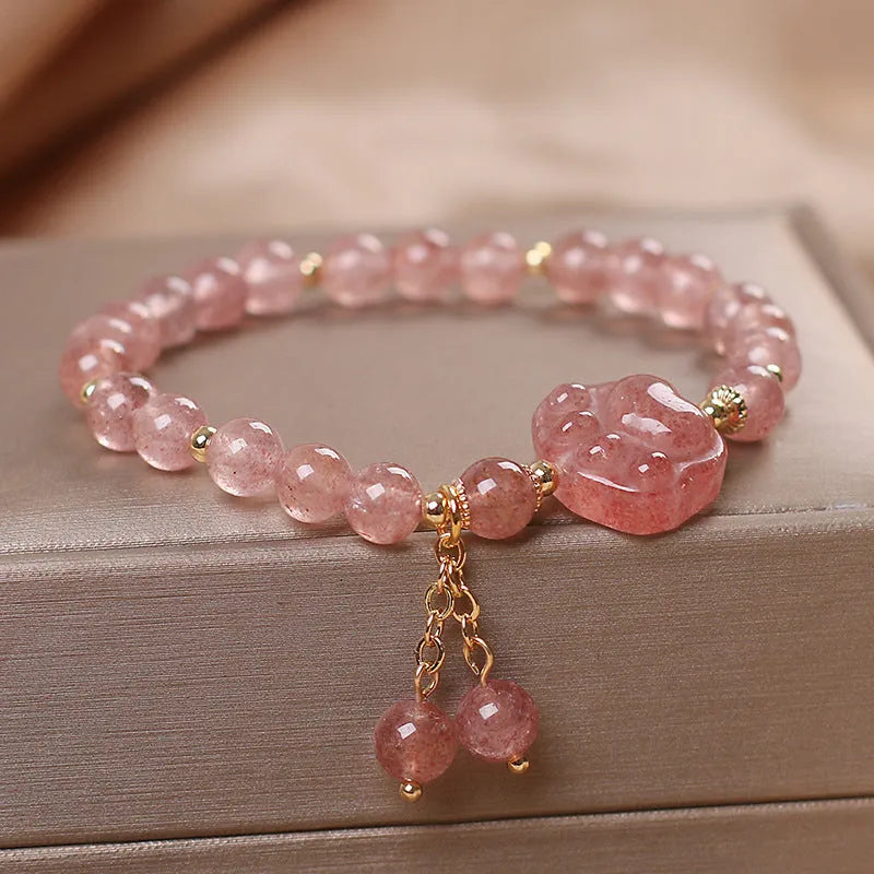 Double layer crystal bracelet with lucky cat charms and red cat's eye flower beads