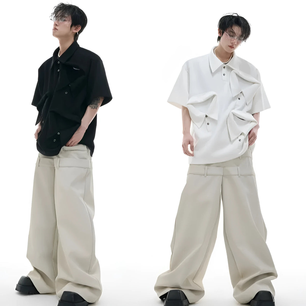 Men's deconstructed multi-collar polo shirt with geometric pattern in cotton short sleeve