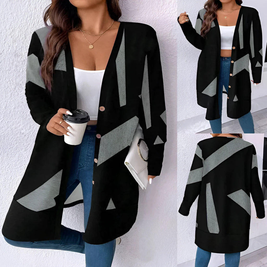 Black plus size knitwear cardigan with button stitching and printing design