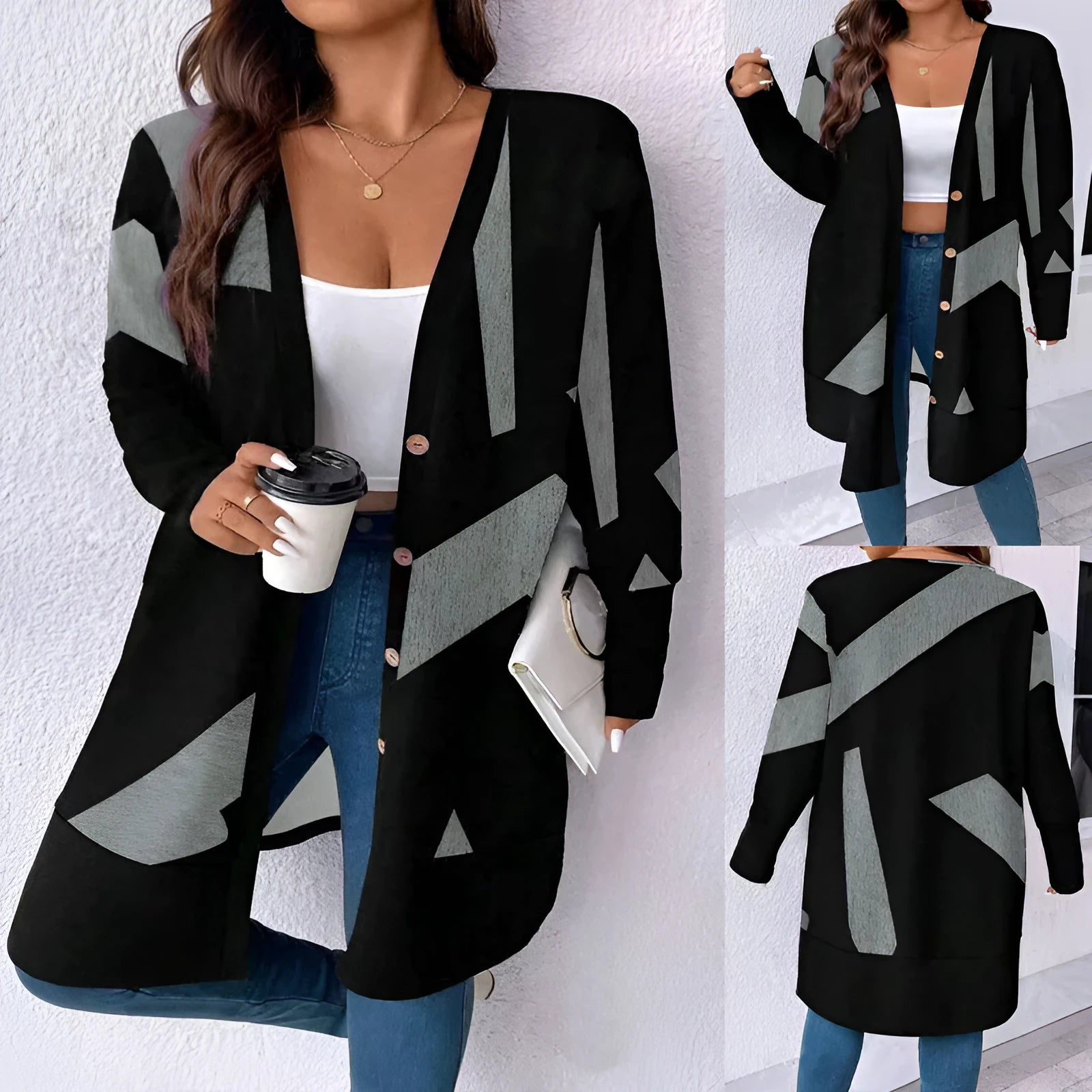 Black plus size knitwear cardigan with button stitching and printing design