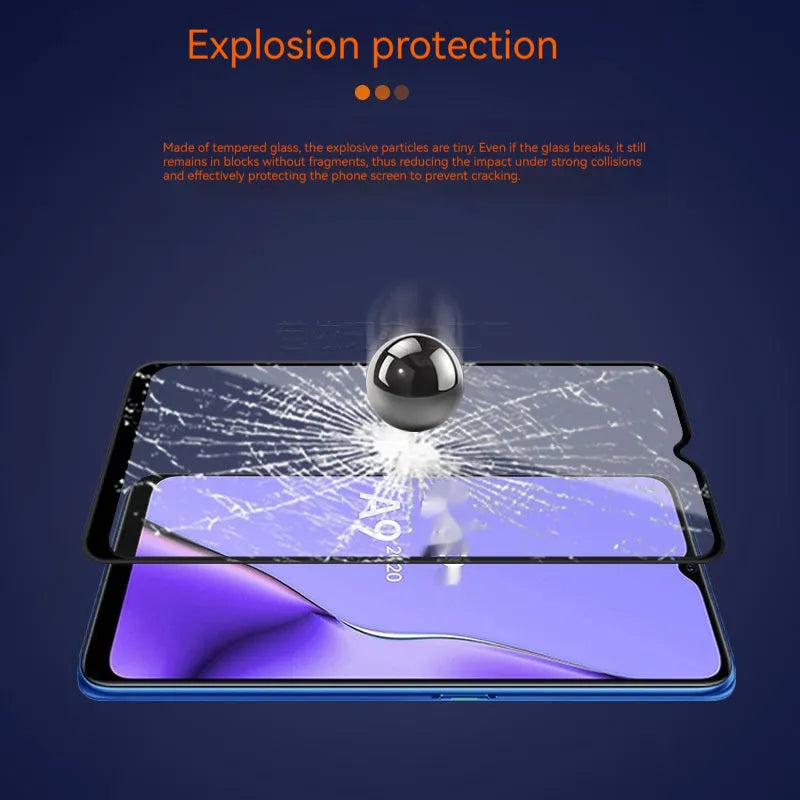 OPPO A9 2020 full screen tempered glass protector with black colour and full glue adhesive