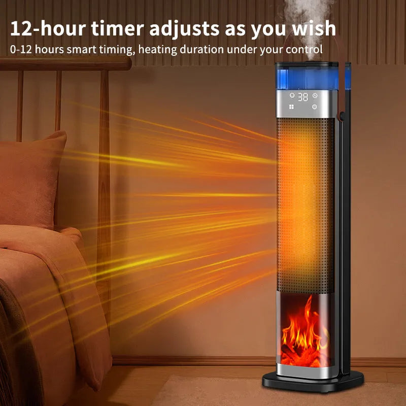 Vertical humidifying heater with remote control on a wooden floor.