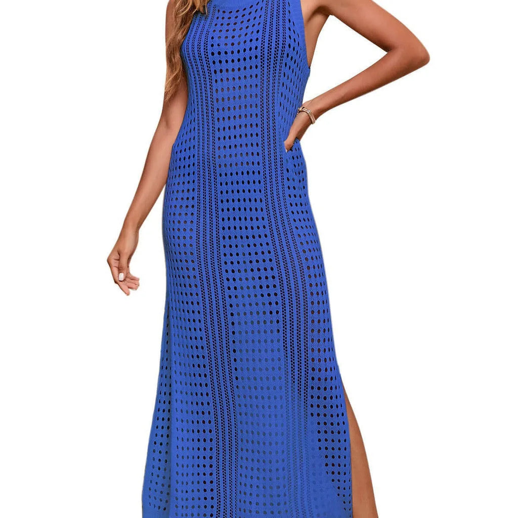 Women's long loose beach blouse in a hollow-out cotton blend knit, shown in a solid colour.