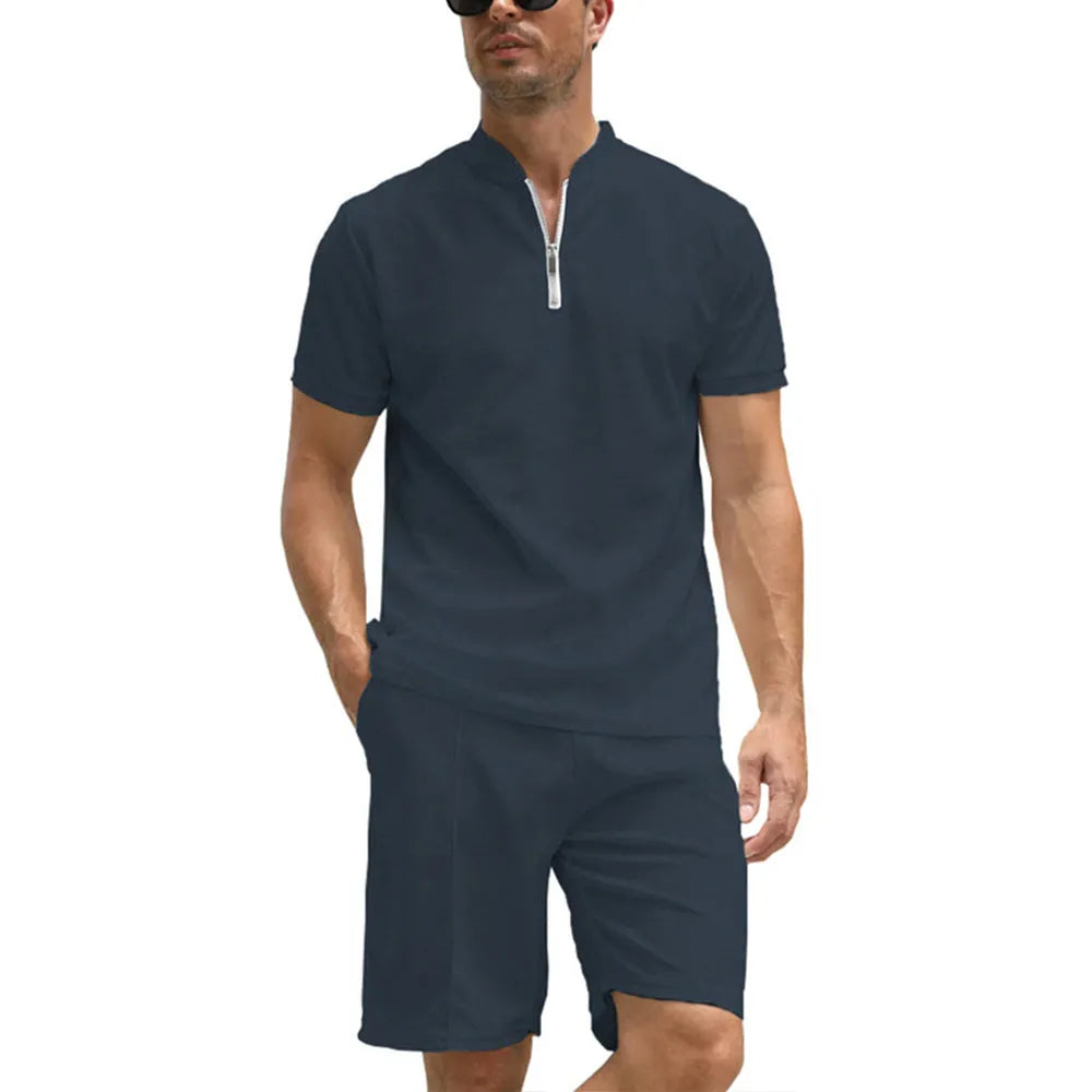 Men's solid colour polo shirt and trouser two-piece set in textured beaded bird's eye fabric