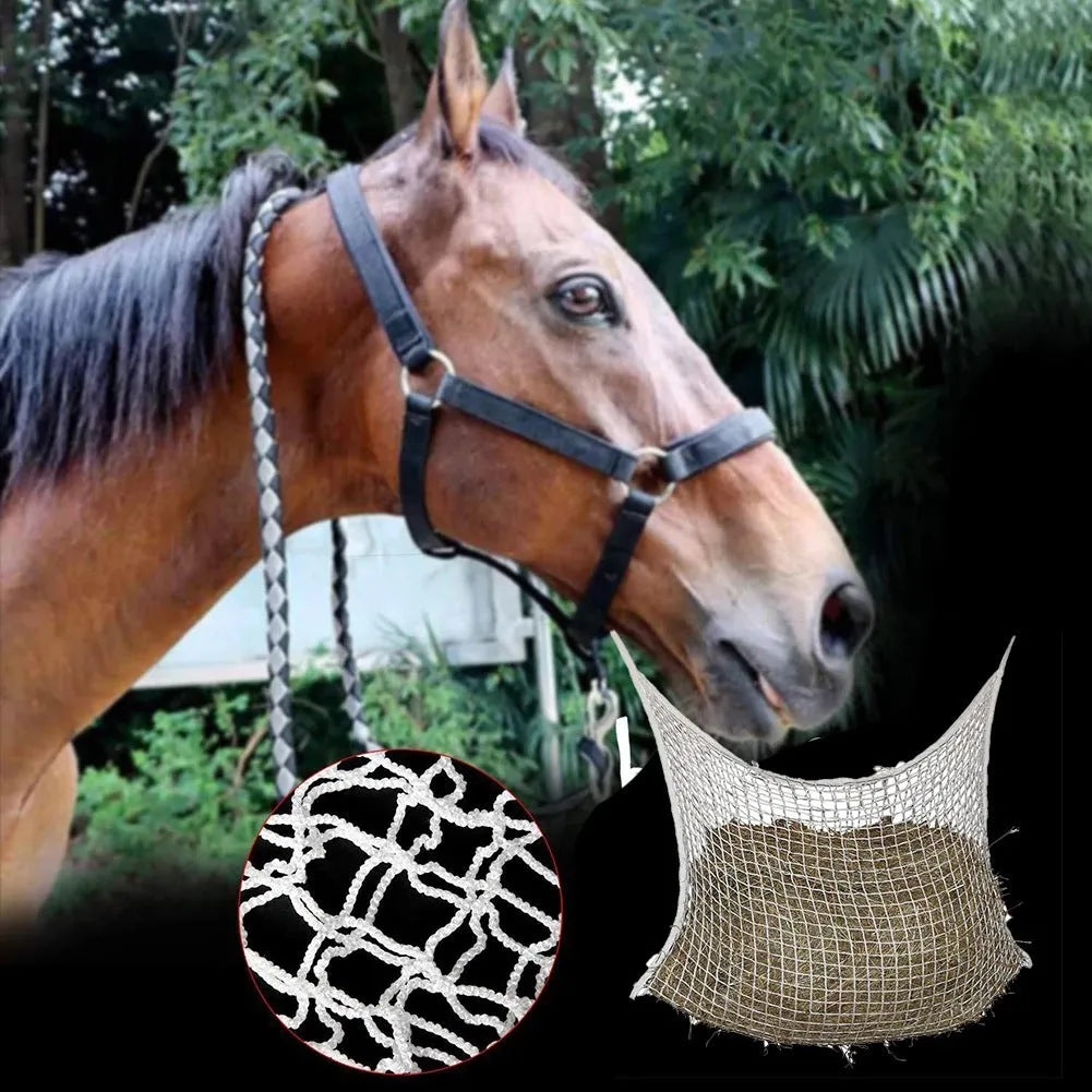 Black woven PE rope horse feeding bag with grid design hanging in stable