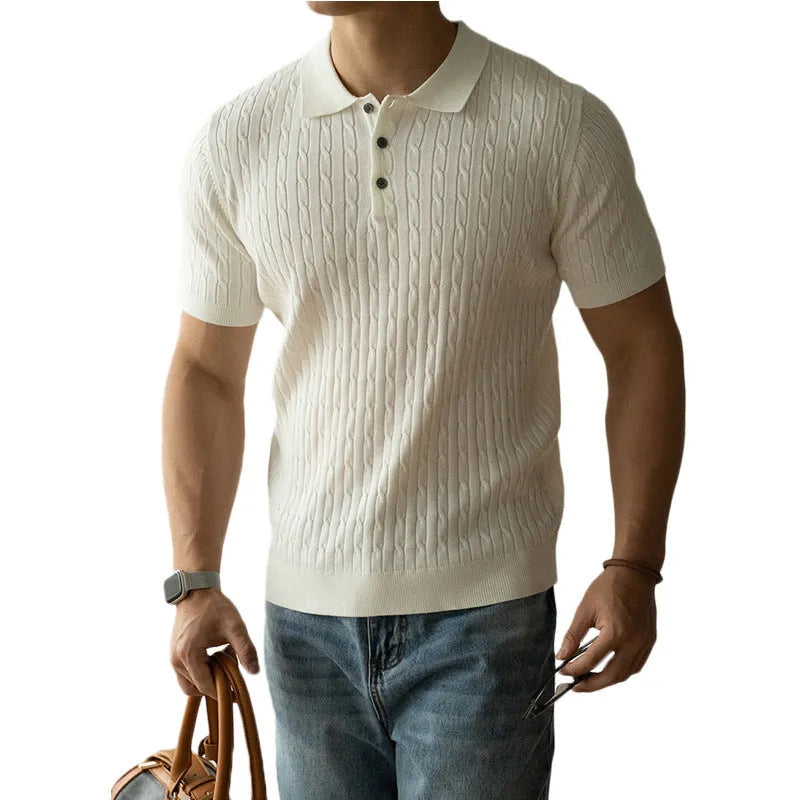 Men's short sleeve knit polo shirt in khaki, black, or white for business and office wear