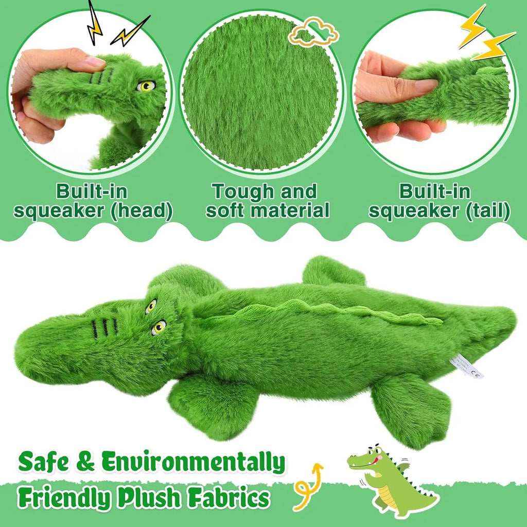 Green crocodile-shaped plush dog toy with no stuffing, featuring a squeaker and crinkle paper for interactive play.
