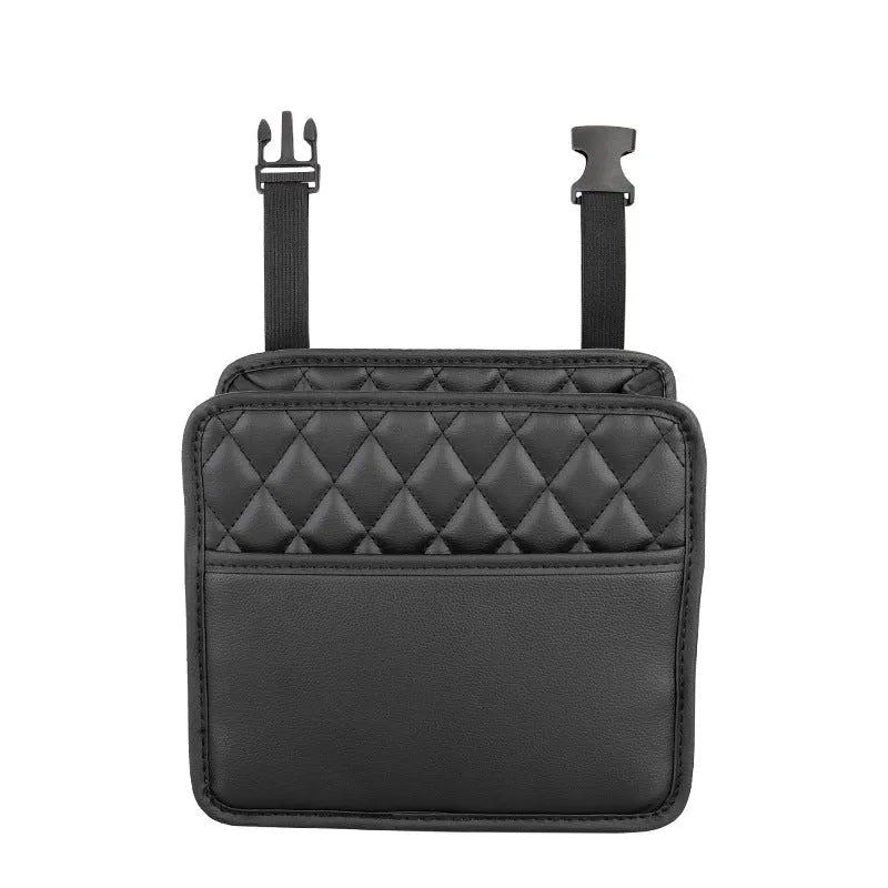 Black leather car hanging storage bag with 25cm dimensions shown installed on vehicle headrest