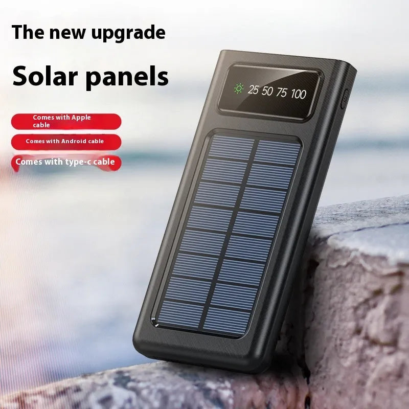 Solar power bank with 20000mAh capacity and integrated charging cables in black or white plastic case