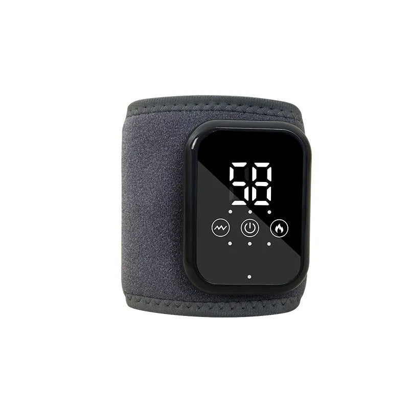 Black electric heating ankle sleeve wrapped around ankle showing heating element placement.