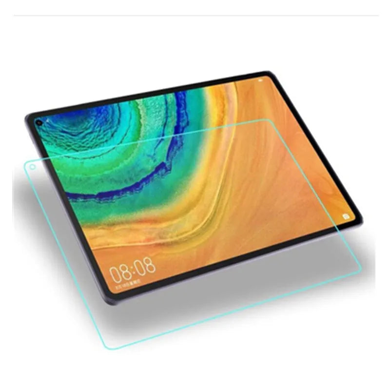 Clear tempered glass screen protector for Huawei MatePad Pro tablet on a flat surface.