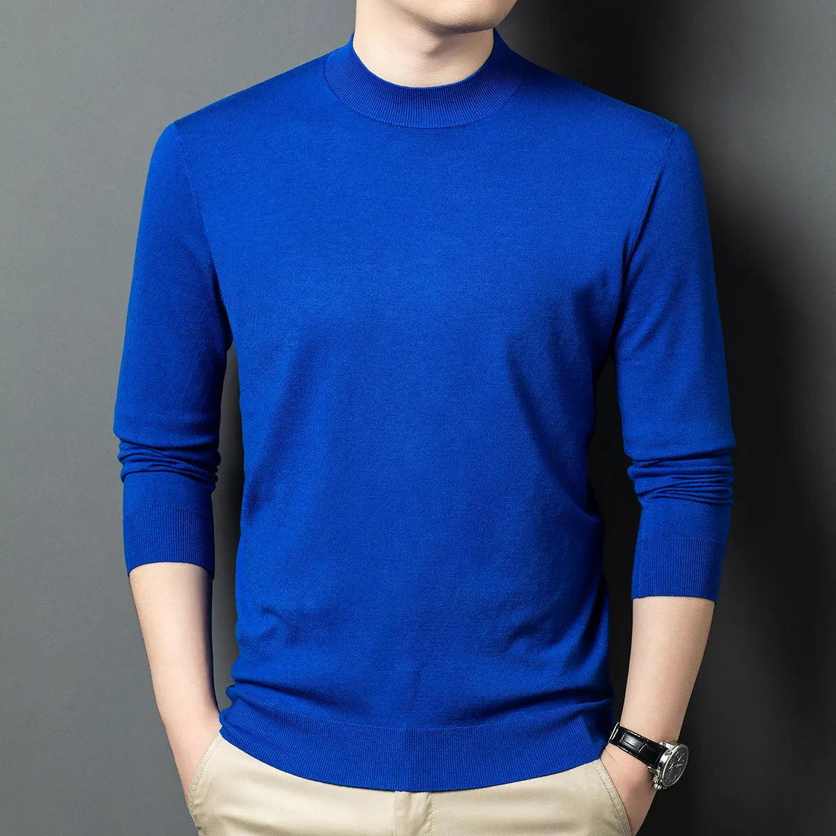 Men's round neck wool blend sweater in various colours showing pullover style with long sleeves