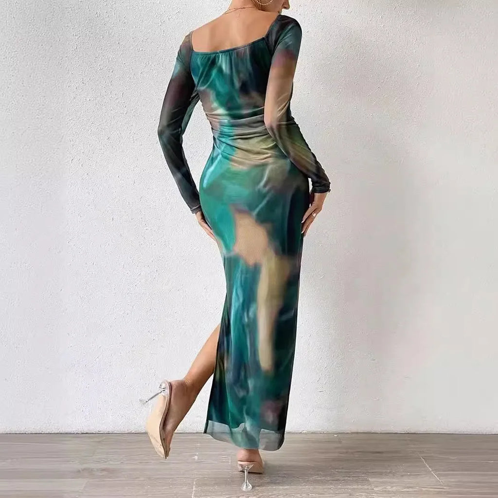Women's printed mesh fishtail dress with square collar in gradient colours