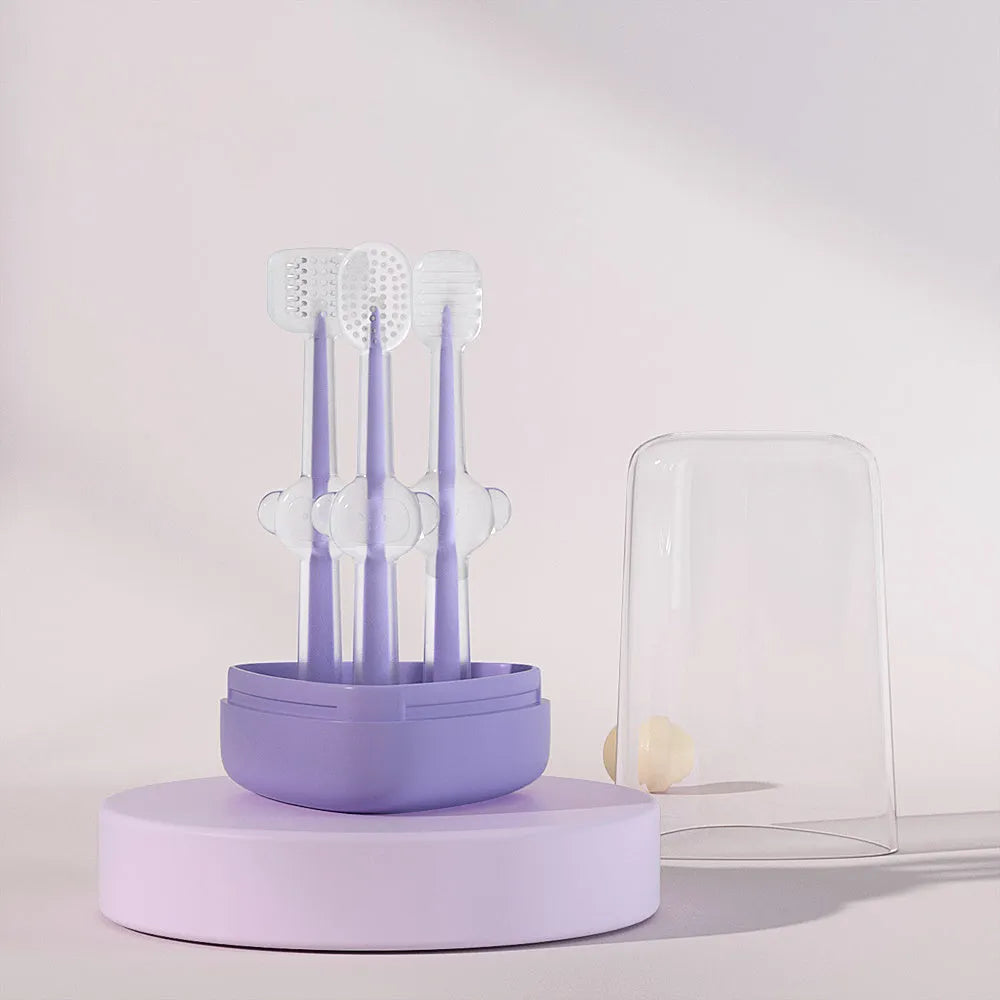 Soft silicone finger toothbrush for dog and cat dental care in purple, blue and green colours.