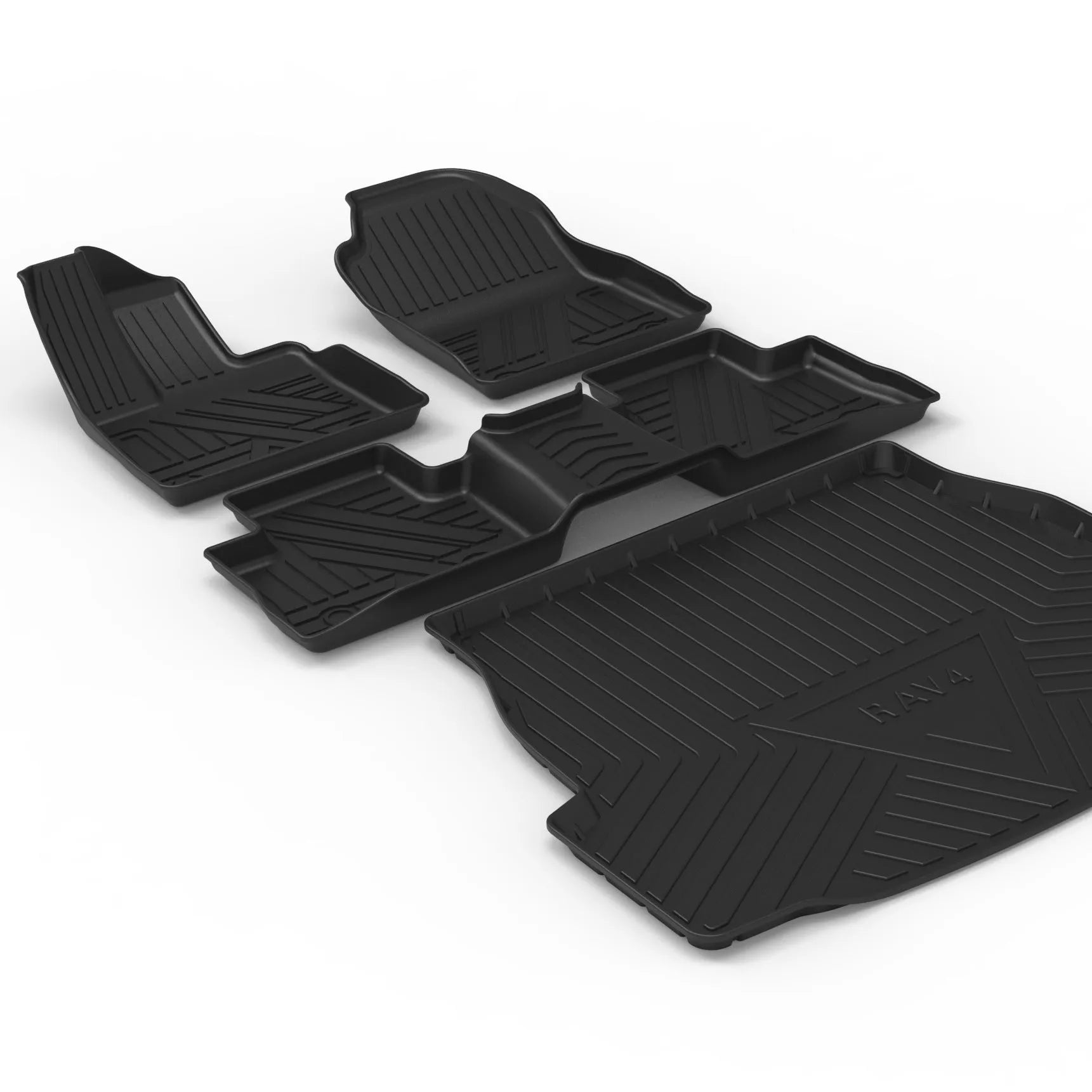Black TPE car boot liner with carbon fibre pattern texture, shown fitted in a vehicle trunk.
