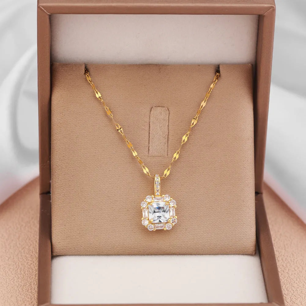 Women's titanium steel clavicle chain with geometric quadrilateral gem pendant and water wave chain