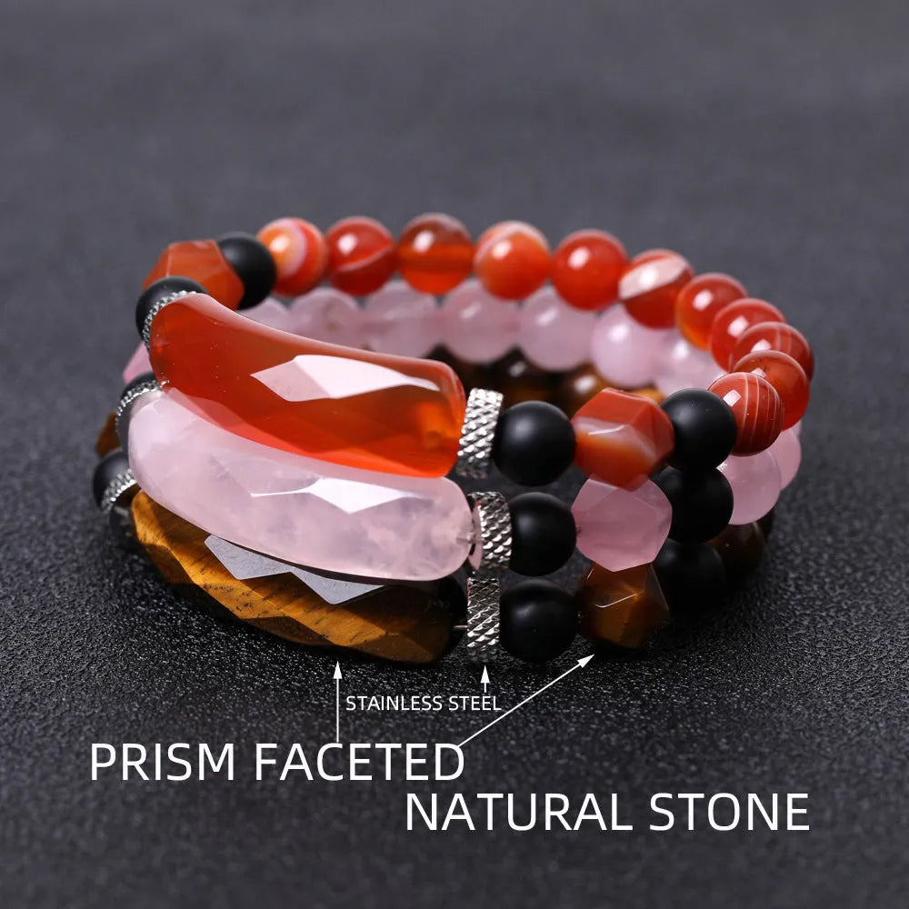 Diamond-shaped cut black agate bracelet showing geometric fan design and handmade craftsmanship