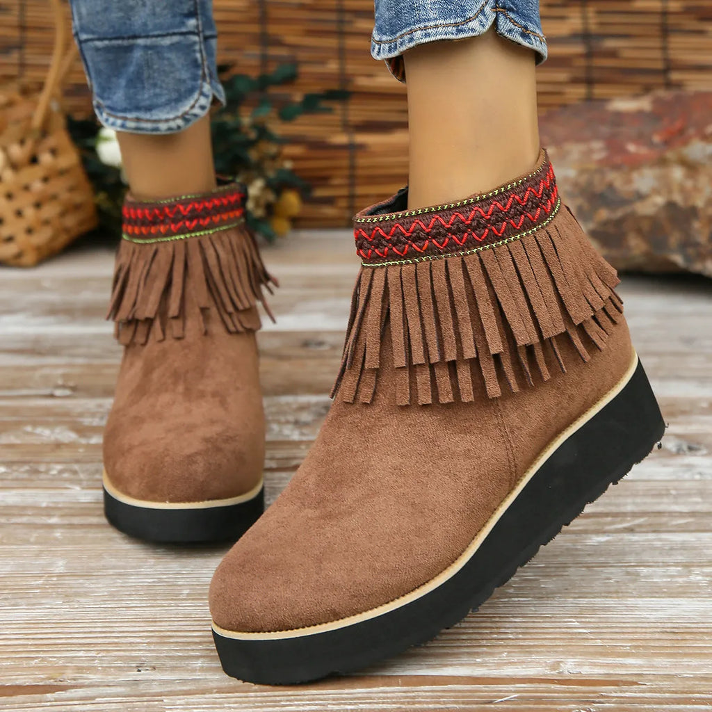 Women's dark brown suede wedge ankle boots with side zip and thick rubber sole