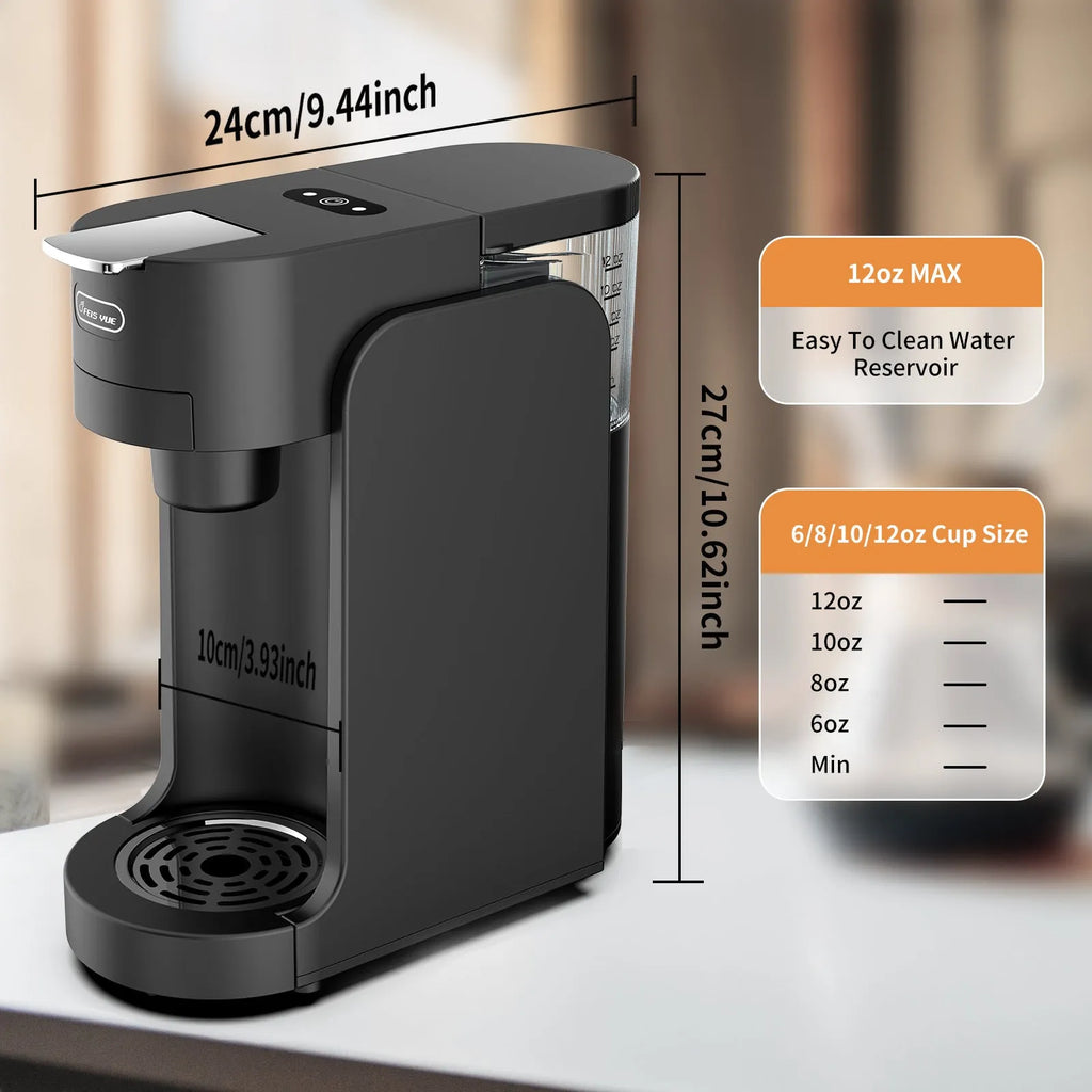 Black and white compact capsule coffee machine for K-Cup pods with adjustable water tray