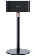 Black metal lifting bracket holding an tablet with telescopic arm extended