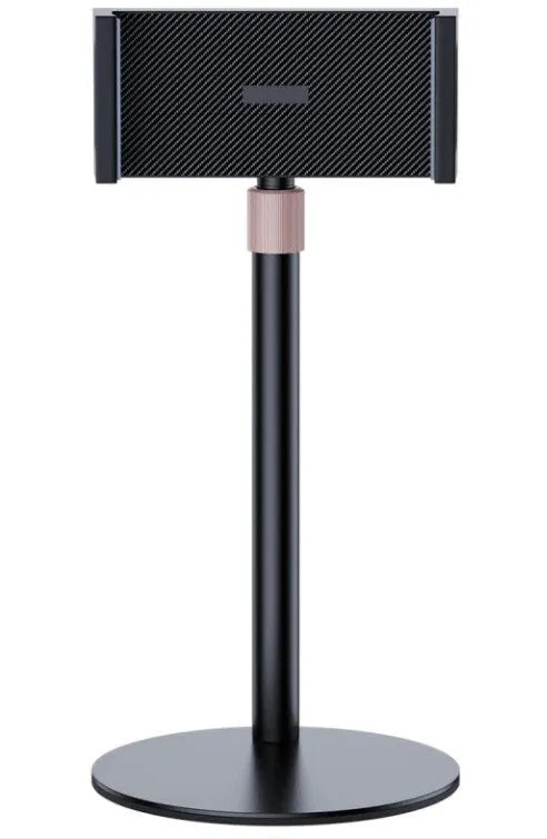 Black metal lifting bracket holding an tablet with telescopic arm extended