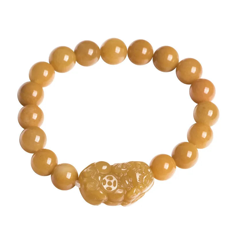 Carved jinsi jade money bracelet in golden thread colour with detailed bead sizing