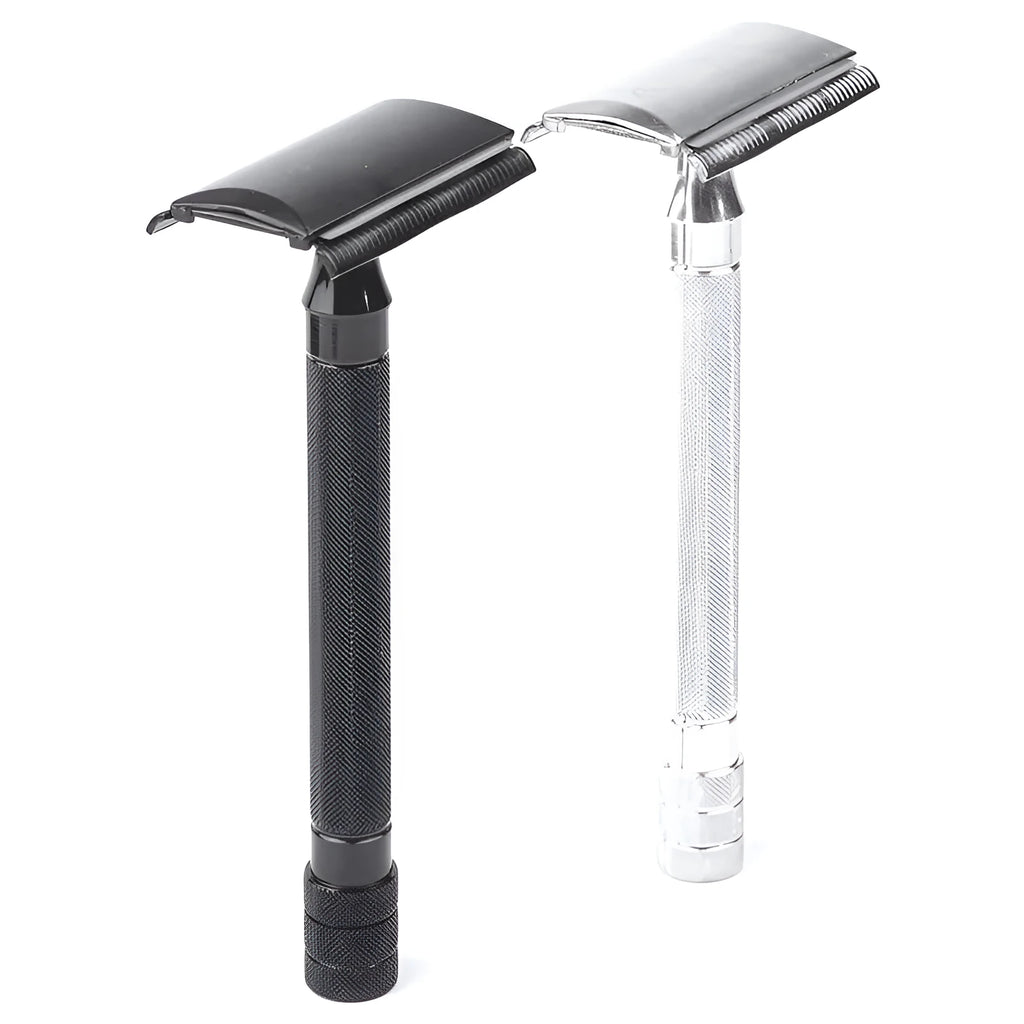 Traditional manual metal shaver with chrome plating and included shaving brush