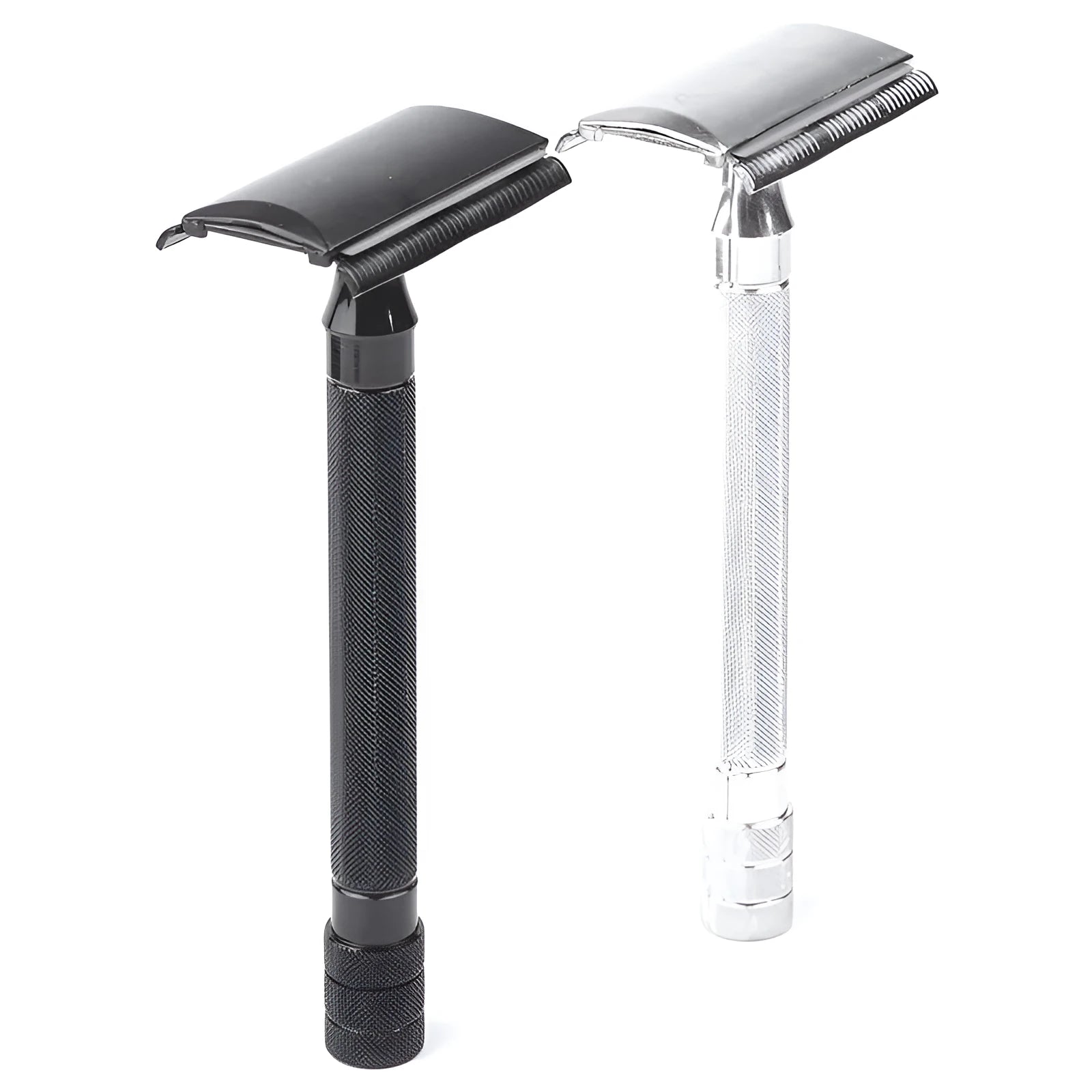 Traditional manual metal shaver with chrome plating and included shaving brush