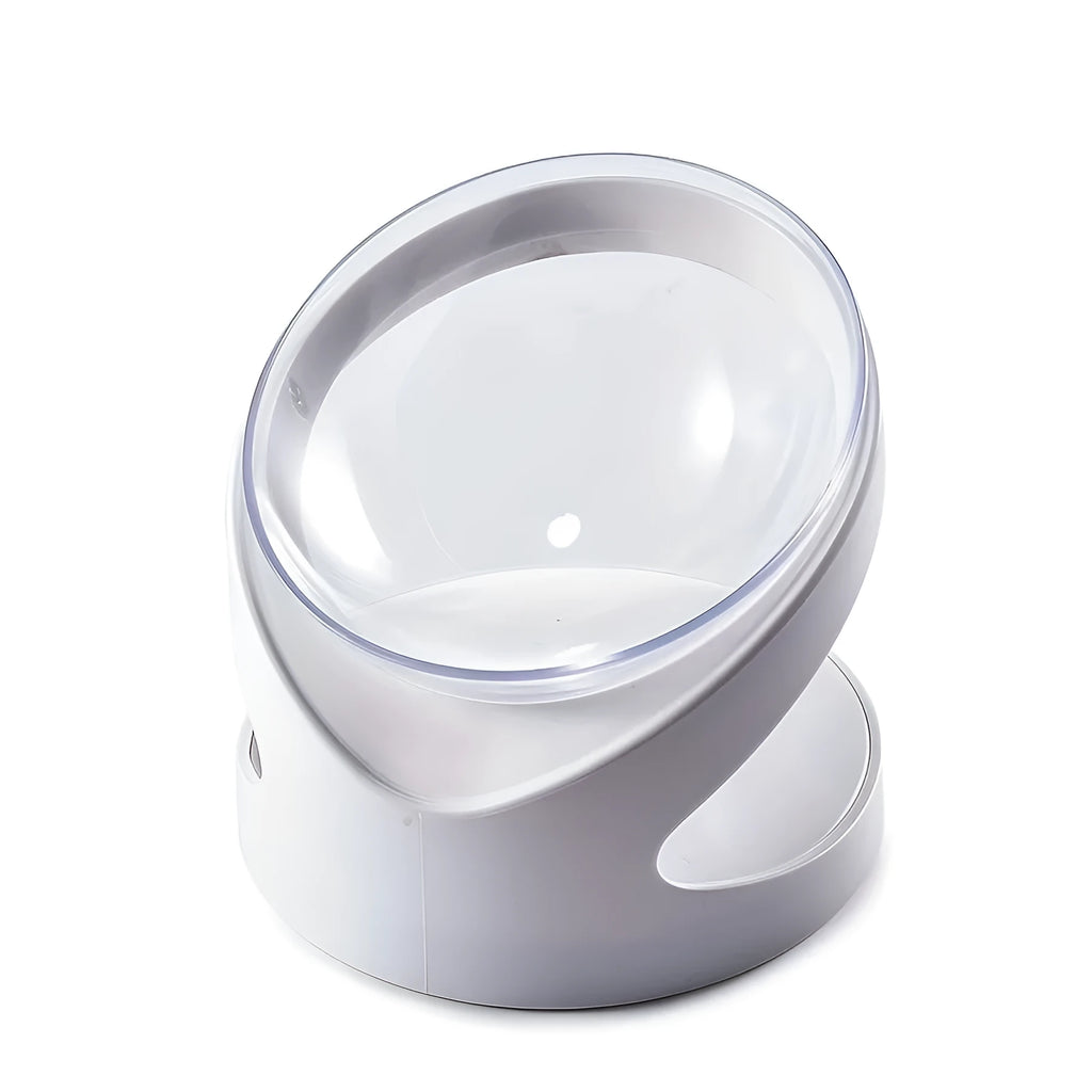 Clear plastic tilted cat food bowl for ergonomic feeding and neck protection