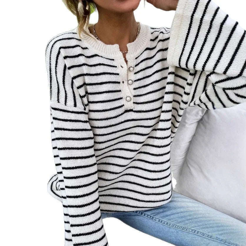 Black women's loose casual striped top with contrast colour stripes and drop-shoulder sleeves