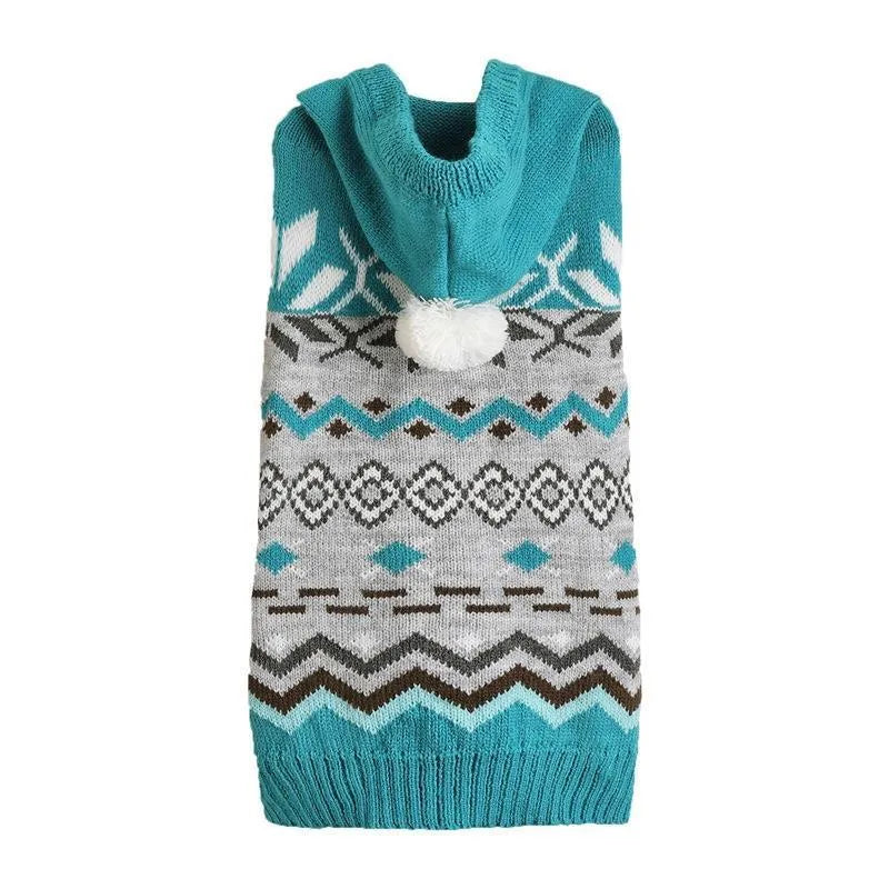 Green diamond pattern knitted pet sweater on small dog showing classic design and proper fit