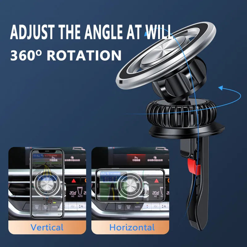 Silver and black car air vent magnetic phone holder with alloy bracket and magnetic plate