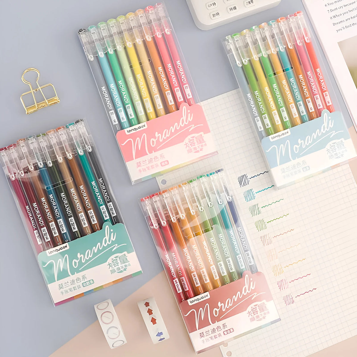 Retro gel pen set with nine coloured pens in plastic storage case