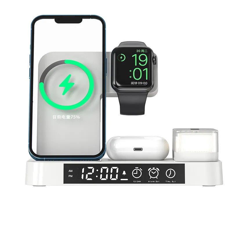 White 4-in-1 wireless charging station with foldable phone stand, alarm clock display, and RGB night light