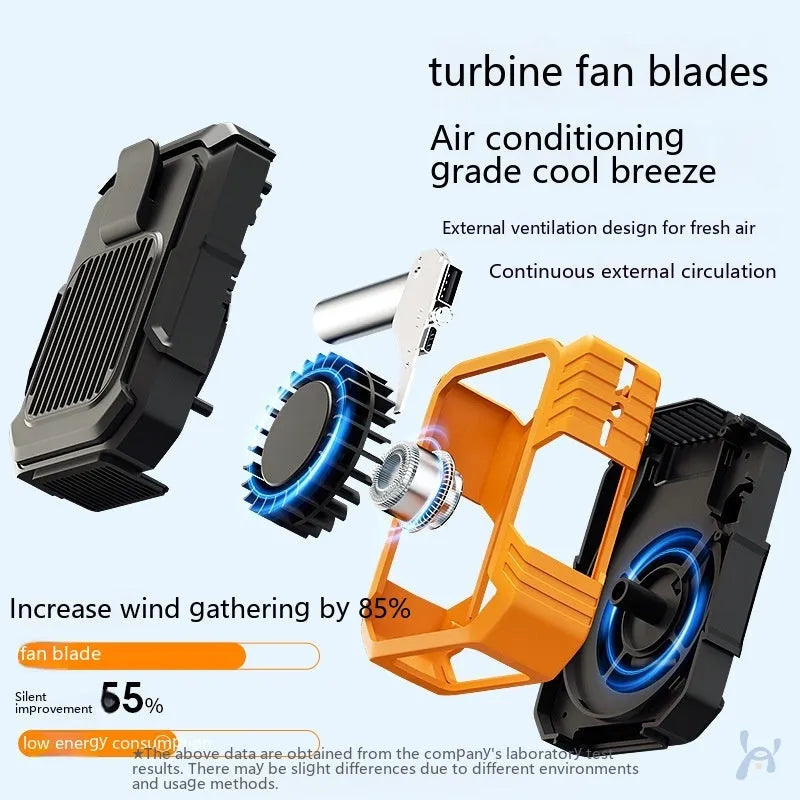Green wrist hanging portable fan with LED light and USB charging port, showing its compact design.
