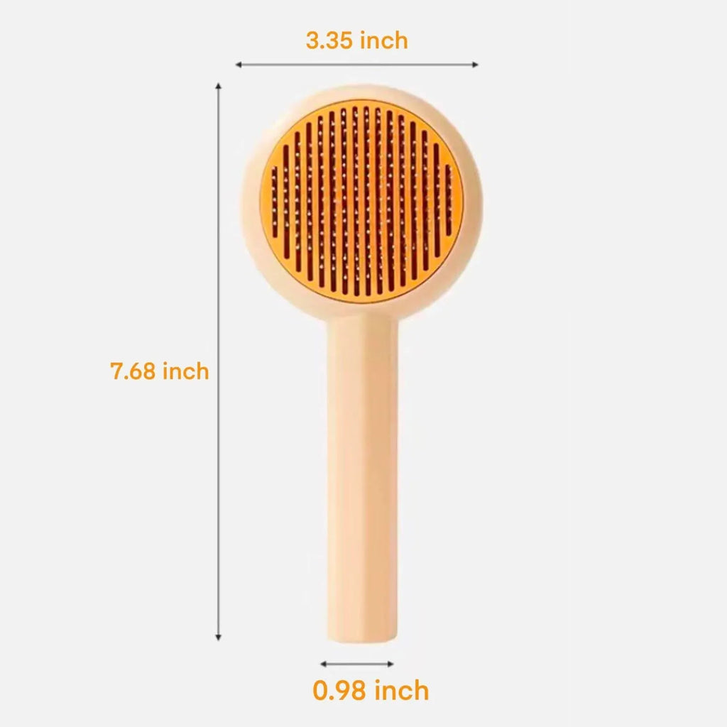 Blue and yellow pet grooming brush with angled metal bristles and a self-cleaning button.