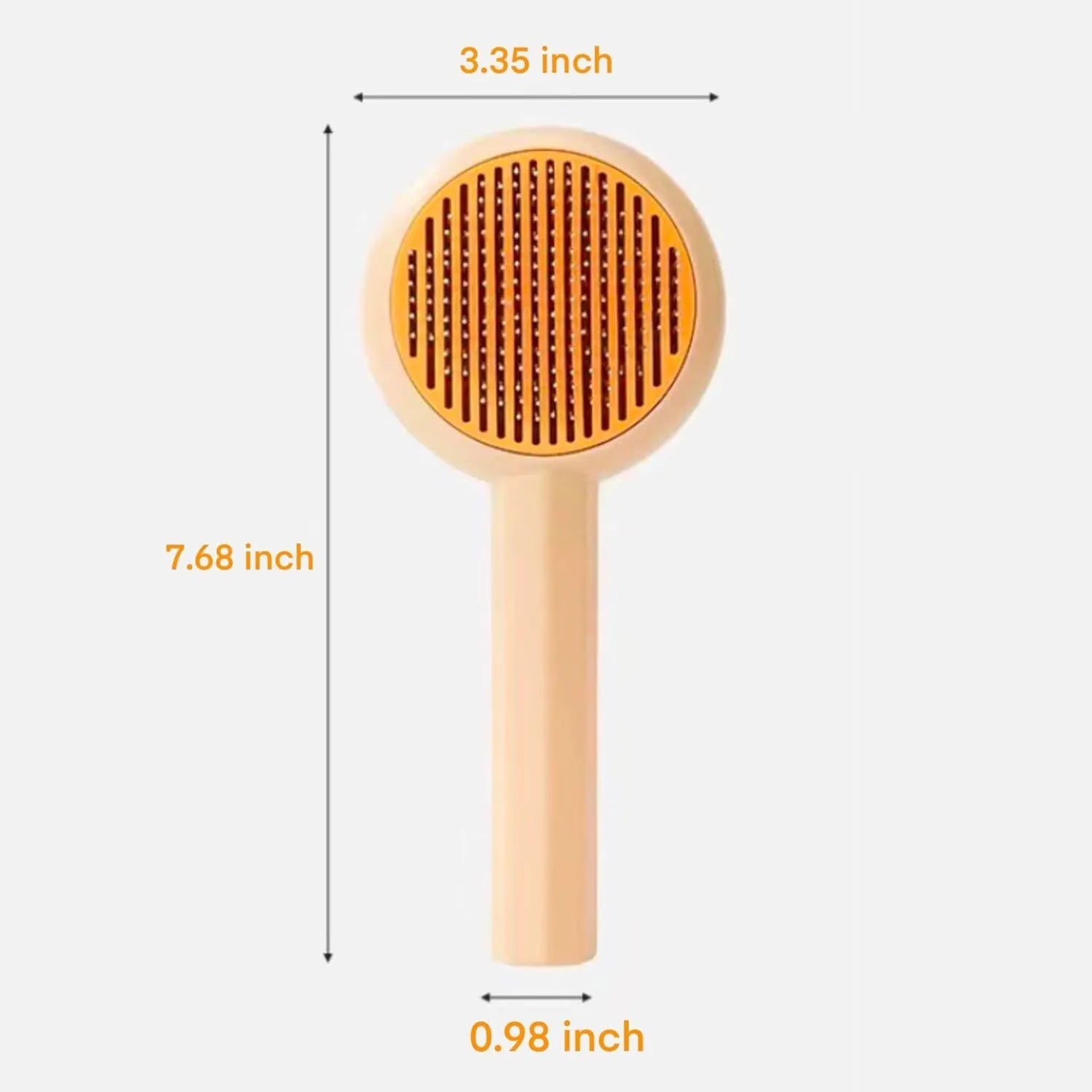 Blue and yellow pet grooming brush with angled metal bristles and a self-cleaning button.