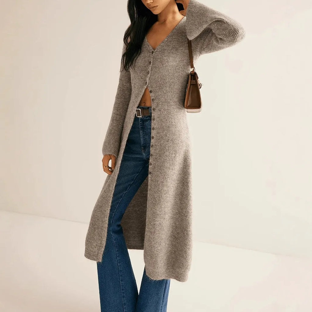 Khaki coloured French-style retro cardigan coat with button front and long sleeves.