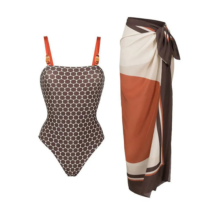 Printed dots pattern one-piece swimsuit with matching wrap skirt set for women